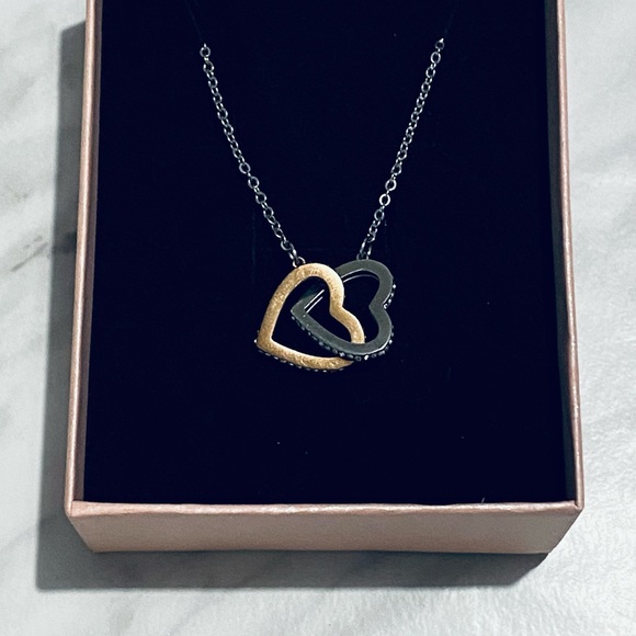 Rose Gold Double Heart Stainless Steel Necklace Women Interlock Heart Pendant - Picture 1 of 5